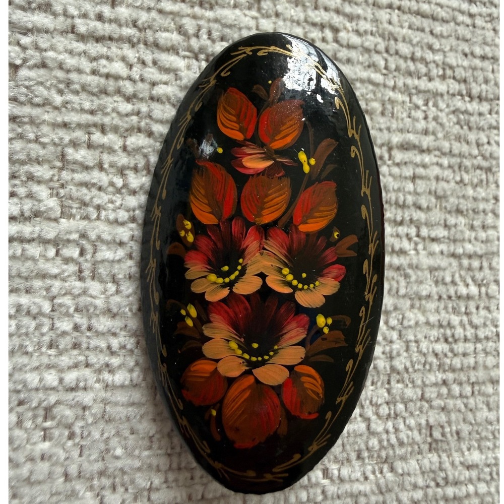 Vtg Russian Oval Brooch Pin Hand Painted Fall Floral Black Lacquer Signed